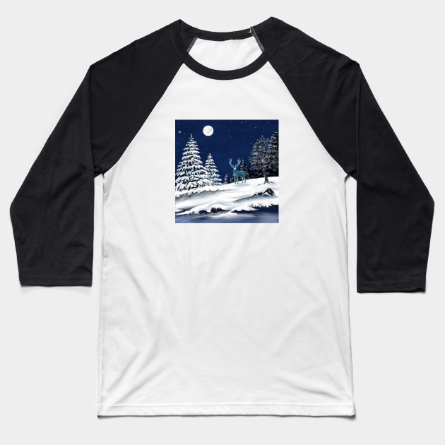 Deer In the Snowy Moonlight Baseball T-Shirt by JaqiW